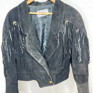 VINTAGE G4000 Leather Fringe Western Concho Jacket Black Cowgirl Womens Sz Large